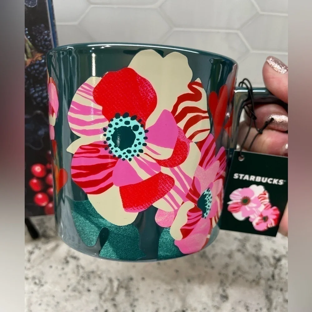 Starbucks 2024 Dark Blue Flora Hearts Ceramic Mug. Iridescent sheen. NWT!